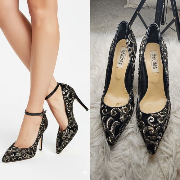 Badgley Mischka Shoes - Badgley Mischka Black & Gold Sequin Pumps - Embroidery Lace Heels - Size 9